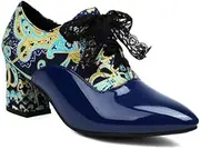 [IKOFLYE] Women's Lace Up Classic Wingtip Platform Mid Heel Patent Leather Oxfords Dress Pumps Comfort Handmade Shoes Blue
