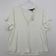 New White House Black Market XL White Cream V Neck Lace Flutter Sleeve Top