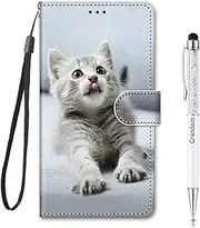 [Grandoin] Compatible with Oppo A17 Case, Mobile Phone Case Oppo A17, Premium Leather Case Oppo A17, PU Leather Flip Foldable Flip Case Cover Book Case Shockproof Protective Case Oppo A17 (Grey Cat)