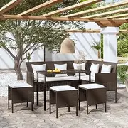5 Piece L-Shaped Couch Sofa Set with Cushions, Poly Rattan Brown, Sturdy Steel Frame, Weather-Resistant, Table 90 x 50 x 71 cm, 3 Footrests