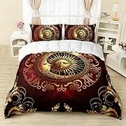 AILONEN Sun and Moon Duvet Cover Set King Size, Red and Gold Bedding Set for Boys,Girls,Boho Hippie Pattern Comforter Cover,3-Piece, 1 Quilt Cover + 2 Pillowcases