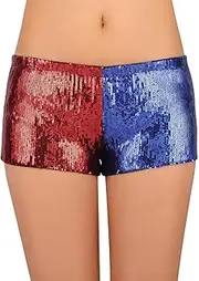 [HDE] Women's Red and Blue Metallic Sequin Booty Shorts for Harley Misfit Halloween Costume