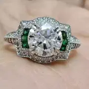 2.85Ct Vintage Lab Created Diamond & Emerald Engagement 14k White Gold FN Ring