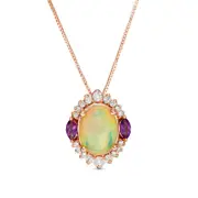 Captivating Color Oval Opal, Amethyst and 0.17 CT. T.W. Natural Diamond Ornate Border Three Stone Pendant in 14K Rose Gold