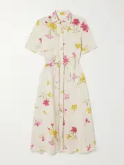 [Erdem] Erdem - Belted Floral-print Linen Midi Shirt Dress - Beige - UK 16 UK 16 Neutrals