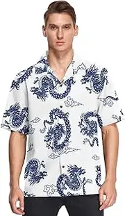 [GuoChe] Hawaiian Mens Short Sleeve Button Up Shirt Oriental Style Chinese Dragons Blue Activewear Camisas para Gym Hombre