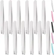 12Pcs 3.79 Inches White Eyebrow Tweezers Stainless Steel Slant Tip Tweezers Kit,