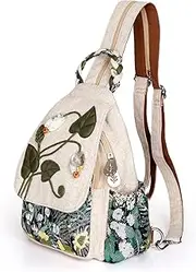 [AULUDA] Ladys Convertible Sling Bag, Hand Craft Artisan Purse, Beautiful Canvas Premium Casual Day Mini Backpack for Women, Green Marsh, Medium, Ethnic
