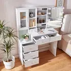 Bedroom Vanity Table White Makeup Desk W/ LED Sliding Mirror White Dresser Table