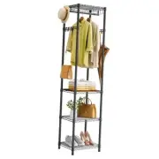 R1 Coat Rack Freestanding, Hall Tree with 4 Storage Shelves and 16 Hooks, Black