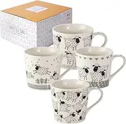 SPOTTED DOG GIFT COMPANY Sheep Mug Set of 4, Farm Coffee Mugs, Black and White Animal Themed Ceramic Tea Cups, Microwave Dishwasher Safe, Cute Kitchen Gifts for Sheep Lovers Owners - 13oz