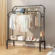 NestCharm Heavy Duty Metal Clothes Rack, Double-Rail Garment Rack with Shelves, Minimalist Coat Rack Shoes Rack, Multifunctional Bedroom Clothes Stand with Metal Hook for Bags