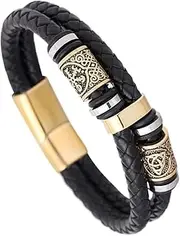 [TQWSVUM] Mens Viking Vegvisir Beads Leather Bracelet - Stainless Steel Celtic Knot Compass Bead Braided Wrap Cuff Wirstband - Norse Vintage Double Row Runes Bead Bangles Jewelry