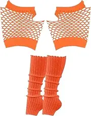 [Generic] Women Leg Warmers,Breathable Mesh Wearing Accessories - 80s Nylon Short Fingerless Fishnet Gloves and Led Warmers Set, Suitable for Theme Party Costume Accessory