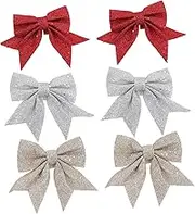 6Pcs Christmas Bow Ornaments Glitter Decoration for Tree Door Wall Window Hanging Bows for Holiday Festive Home Decoration