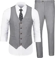 [ZKHOECR] Men's Casual Linen Suit Set 2 Piece Slim Fit Wedding Suits Prom Groomsmen Suit Tuxedos Beach Suits Vest Pants, Grey, Small