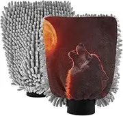 XYMZR Wolf Howling Moon Absorbent Microfiber Car Wash Mitt, Funny Cute Anime Scratch Free for Cars Cleaning, Home Cleaning Mitts, 2 Pack, 10.24” L x 7.09” W