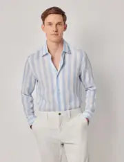 Hawes & Curtis Blue & White Bold Stripe Pure Linen Slim Shirt | One Piece Collar | Full Cutaway Size: Small
