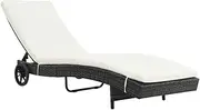 Poly Rattan Sun Lounger with Wheels: Adjustable Recliner, Patio Outdoor Chaise Lounge for Beach, Lawn, and Camping - Black with Cushion