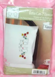 New Tobin Retro Cats Pair of Pillowcases Stamped for Embroidery Flowers Kitty