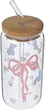 Gatuida Cute Bow Glass Coffee Cup with Lid and Straw Heat Resistant Tumbler for Juice Smoothies and Soda Large Capacity Drinking Mug for Home Office and Parties
