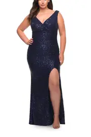 La Femme Stretch Sequin Plus Size Gown with Slit and V Neck in Navy at Nordstrom, Size 14W