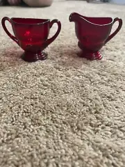 Martinsville Viking Depression Glass Moondrops Ruby Red Sugar and Creamer