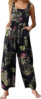 [BRONG] Women Jumpsuit Casual Loose Dungarees Soft Cotton Linen Jumpsuit Baggy Playsuit Adjustable Straps with Pockets, Printed C, Small