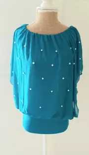 Ladies Teal Turquoise Beaded Chiffon Party Blouse Top By MELROSE Size 12 BNWT