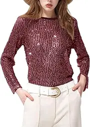 [Flygo] Womens Sequin Top Long Sleeve Mesh Sparkly Top Glitter See Through Tops Party Disco Shirt Clubwear