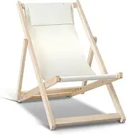 Gardeon Camping Beach Chair Wooden Folding Sun Lounge Deck Chairs Lounger, Outdoor Furniture ArmChairs Garden Patio Pool Backyard Camp Picnic, with Pillow Oxford Fabric Beige
