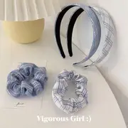 Plaid Headband / Scrunchie Hair Tie - Blue - One Size