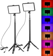 Portable RGB Video Light Kit with 2 * LED Video Light 7 Colors 3200K-5600K 10 Levels Brightness USB Powered + 2 * Extendable Tripod Max.148cm/58in Height for Video Conference Live