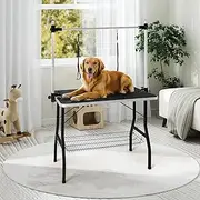 Adjustable Pet Grooming Table with Storage Basket - Double-Arm Aluminum Frame & Non-Slip Surface | Foldable & Portable | Sturdy Design for Dog/Cat Grooming