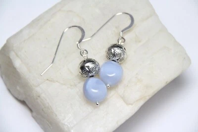 Chalcedony Blue 9mm Free Form Gemstone .925 Sterling Silver Earrings 1 1/2"