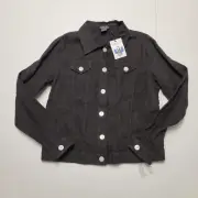 New $188 Pure Amici Jean Jacket 100% LINEN Black WOMEN'S MEDIUM M Button USA