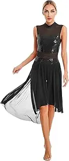 [Manyakai] Women Shiny Rhinestone Lyrical Dance Dress Mesh Chiffon Dress Split Flowy Maxi Dress Ballet Dancewear Black Small