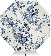[PDZRMY] UV Protection Travel Umbrella Texture Blue Flowers Compact for Rain and Sun - Auto Open and Close UPF 50+ Windproof Portable 46” Sun Umbrella for Women and Men
