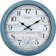 OCEST 16 Inch Indoor Outdoor Clock, Waterproof Large Wall Clock with Thermometer, Silent Non-Ticking Battery Operated Decor for Patio Pool Porch Garden Garage（Blue）