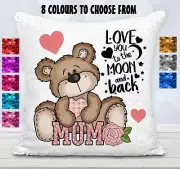Mum Cushion Cover Throw Pillow Reversible Sequins Mothers Day Gift Teddy Bear