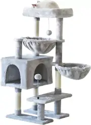 Multi-Level Cat Tree with Scratching Post, Hammock, and Toys - Grey