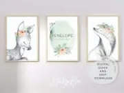 Baby girl nursery wall art prints, Woodland animals, Personalised nursery decor