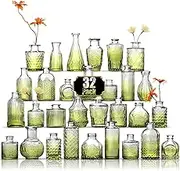 Bud Vase Set of 30, Green Vases Glass Bud Vases in Bulk, Small Vases for Centerpieces Mini Flower Vase Set Cute Vintage Glass Vases Set for Flower Wedding Home Centerpiece Table Decorations