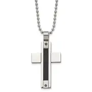 Stainless Steel Chisel Polished Black Ip-Plated Cable 1/20 Carat Diamond Cross Pendant Ona 24 Inch Ball Chain Necklace