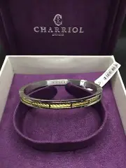 $275 Charriol FOREVER Steel Yellow Gold PVD Slim Svart Cable Bangle Bracelet M