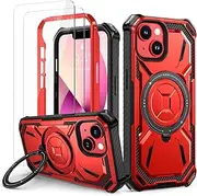 Lanhiem for iPhone 14 Case/iPhone 13 Case with 2 Pack Tempered Glass, Shockproof Military-Grade Protection, Magnetic Kickstand Phone Case for iPhone 14/13, Red