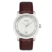 Hugo Boss Brown Leather Silver White Dial Men's Watch - 1514114