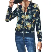 Women's Zip up Long Sleeve Open Front Cardigans Bomber Coat - Navy Blue