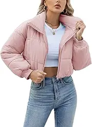 [Lumister] Womens Lightweight Quilted Jacket Long Sleeve Stand Collar Zipper Cropped Puffer Jacket Coat