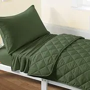 FLXXIE 4 Pieces Toddler Bedding Set, Soft and Breathable Microfiber Crib Sheet Set, Includes Quilted Comforter, Flat Top Sheet, Fitted Sheet, Envelope Pillow Case for Boys and Girls, Olive